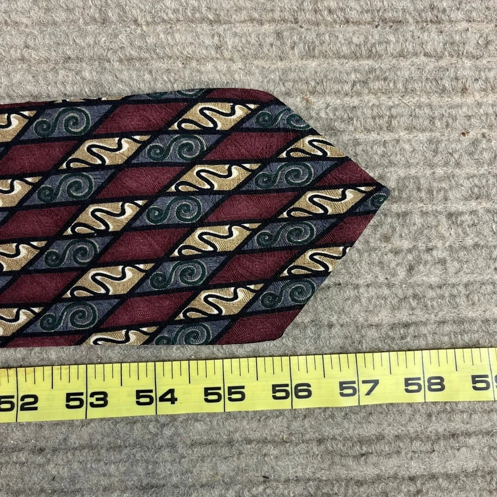 Martin Wong Napa CA Silk Necktie Burgundy Gold Grey Geometric Scroll Made in USA
